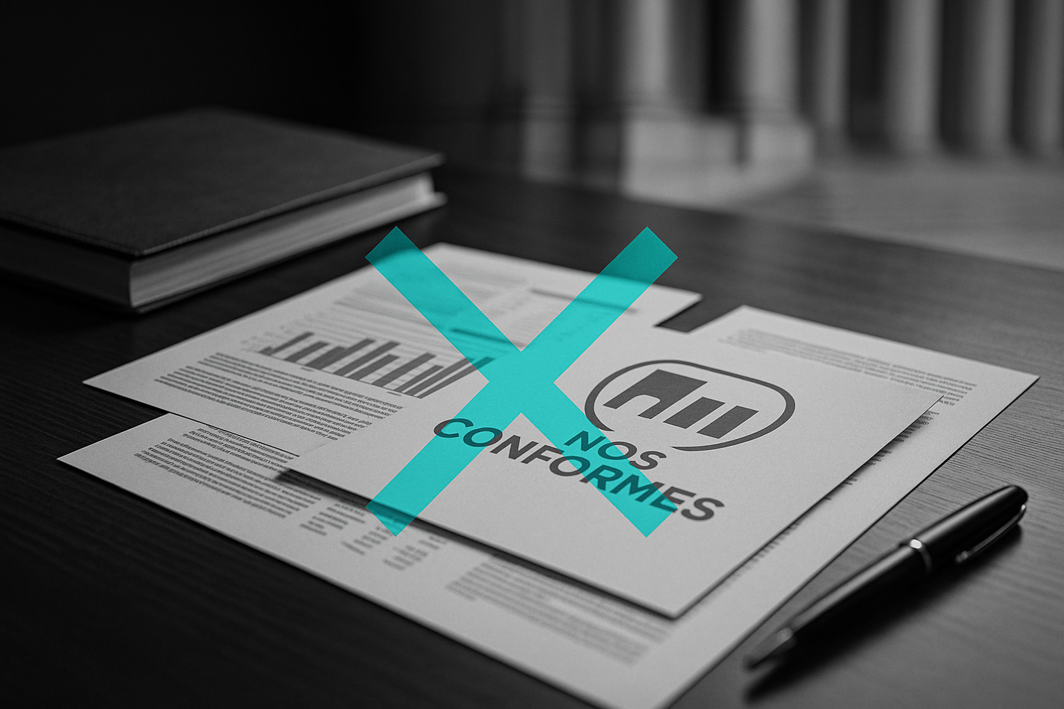 Documentos fiscais sobre mesa executiva com um grande “X” em azul #26dbd9, simbolizando o bloqueio do programa Nos Conformes e os impactos nos créditos de ICMS.