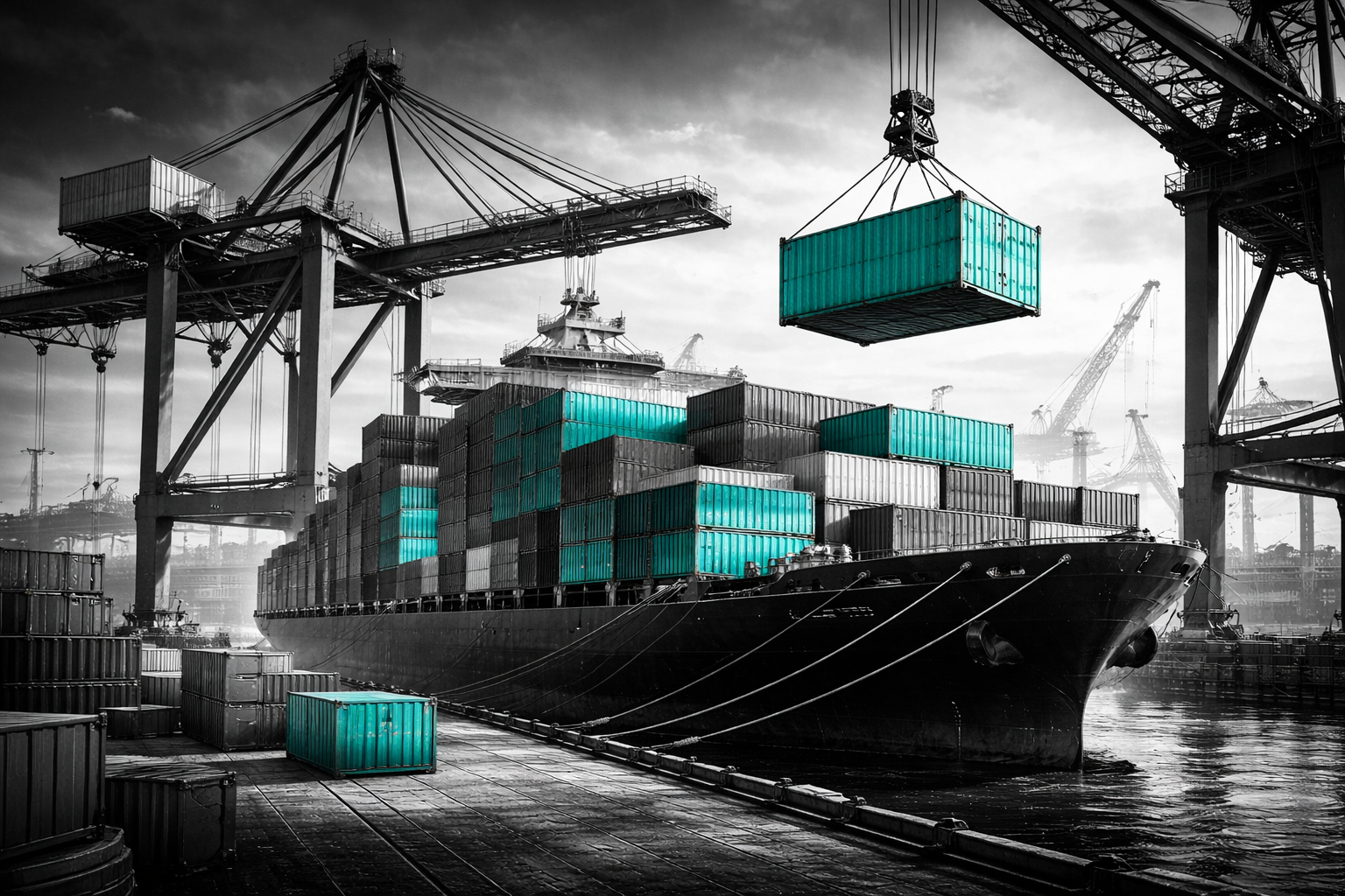 Navio cargueiro em porto com containers de importação e destaque em créditos de ICMS