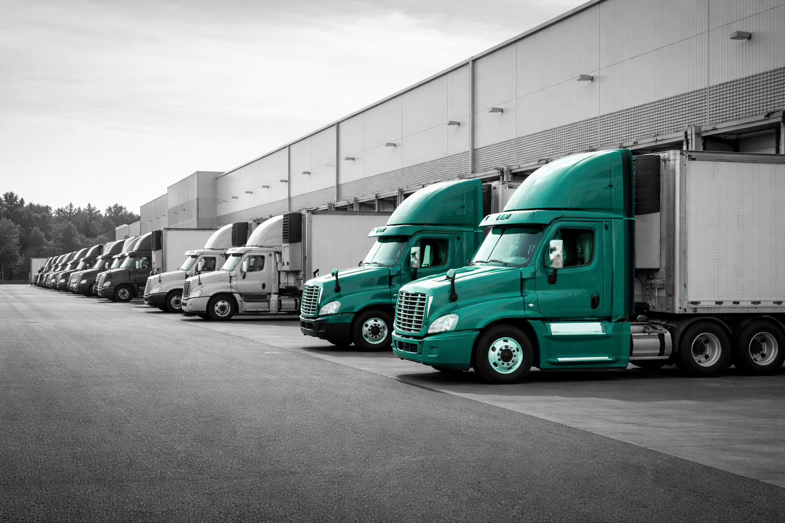 Pátio logístico com caminhões de carga alinhados, em preto e branco, com destaque seletivo em verde-azulado simbolizando eficiência fiscal e créditos de ICMS para transportadoras.