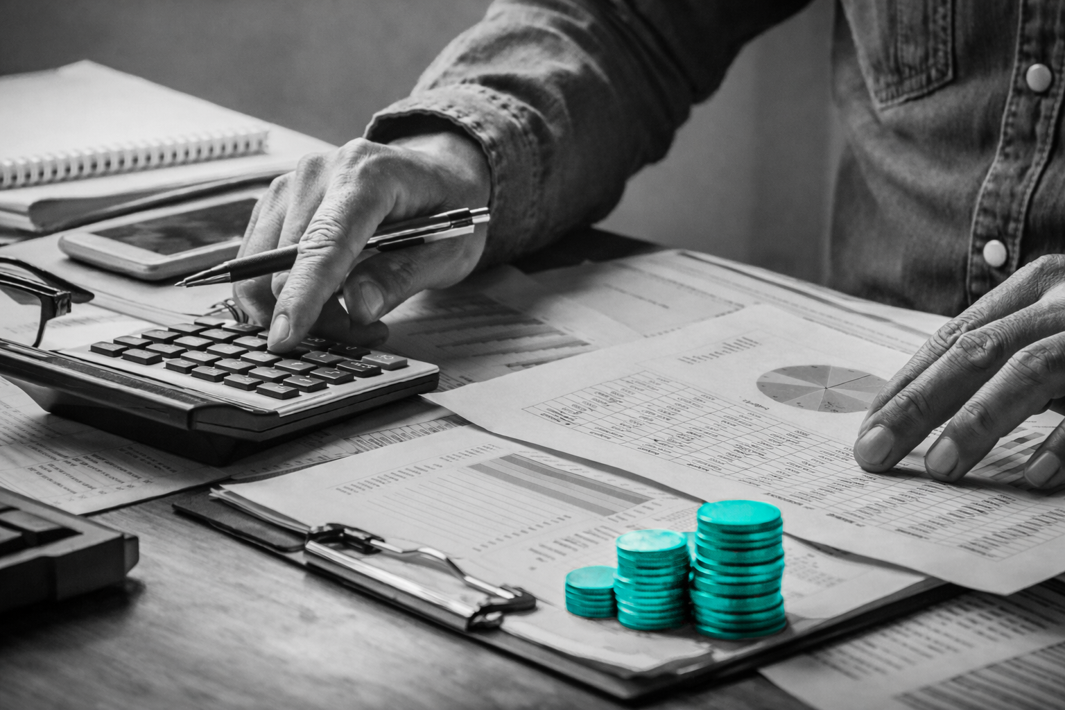 Análise de créditos de ICMS com calculadora e documentos fiscais em destaque seletivo azul