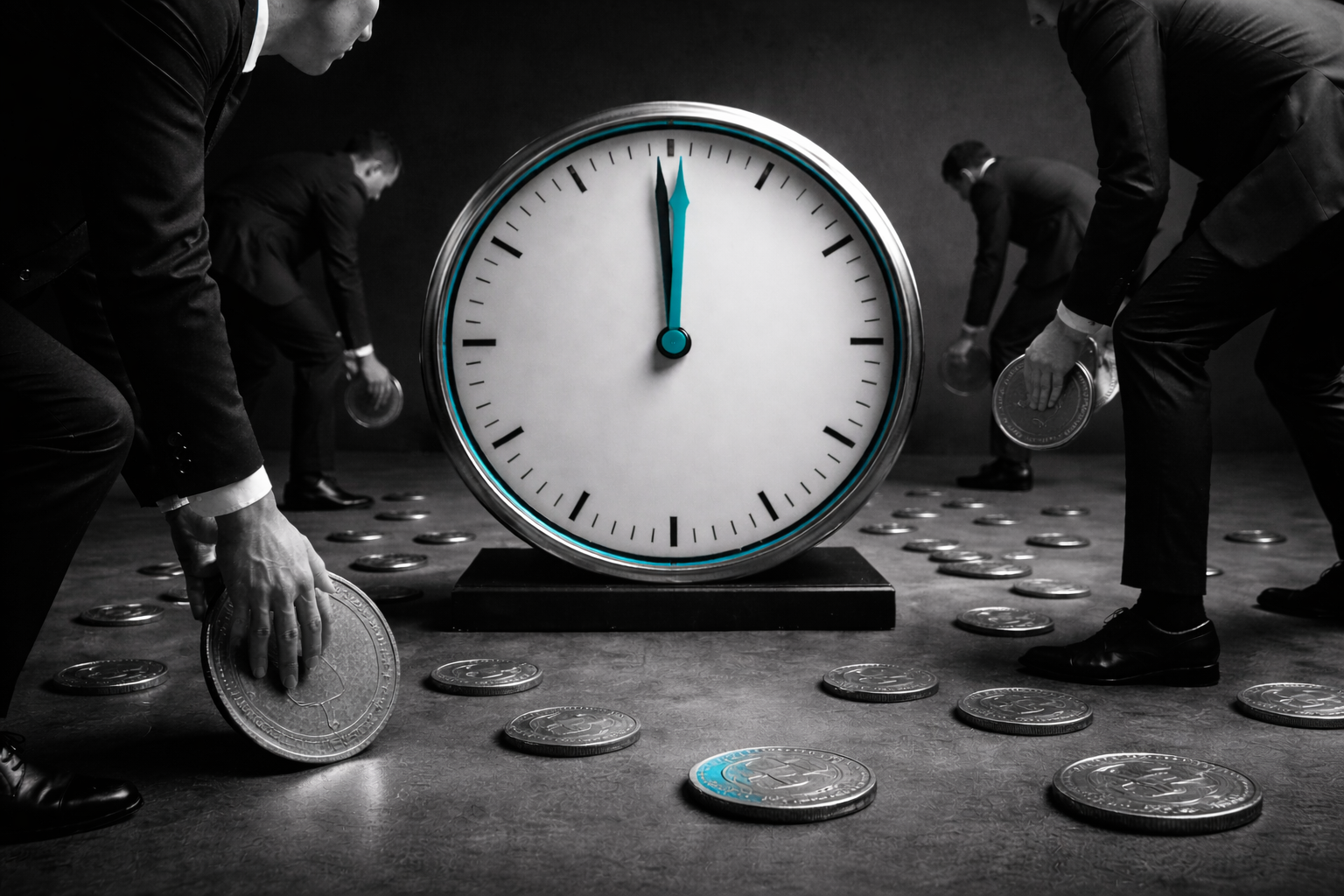 Executivos de terno recolhem grandes moedas no chão ao redor de um relógio analógico central em preto e branco, com detalhes em azul destacando os ponteiros, simbolizando prazo e recuperação financeira.