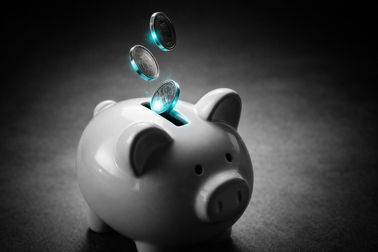 Moedas sendo devolvidas em cofrinho em preto e branco com detalhes em azul esverdeado, simbolizando devolução de crédito acumulado e equilíbrio financeiro