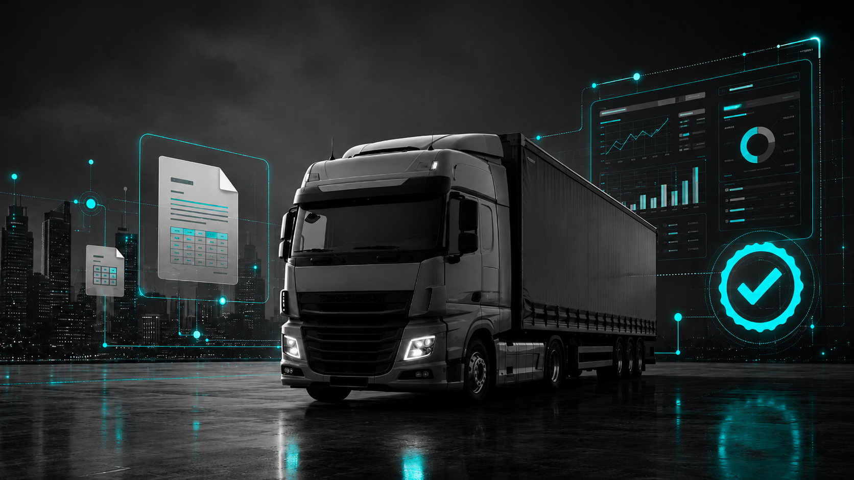 Caminhão com documentos fiscais digitais e análise do crédito acumulado de ICMS no e-CredAc para transportadoras.